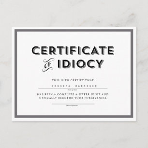 Certificado de postal de disculpa idiótica // gris