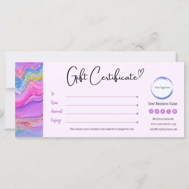 Certificado de regalo amarillo rosa azul de unicor (Anverso)