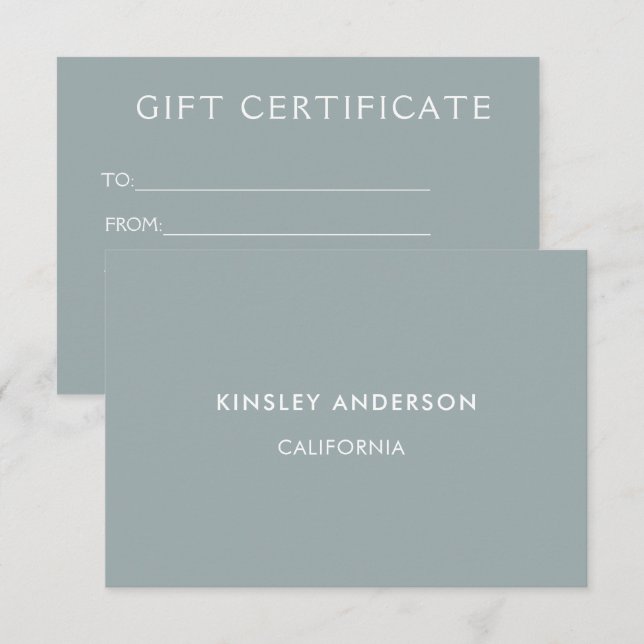 Certificado de regalo azul turbio de lujo minimali (Anverso / Reverso)