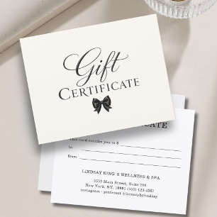 Certificado de regalo beige negro elegante con laz