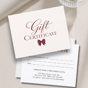 Certificado de regalo beige rojo con lazo elegante