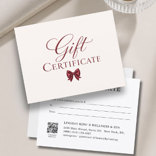 Certificado de regalo beige rojo con lazo elegante