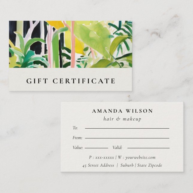 Certificado de regalo botánico de follaje tropical (Anverso / Reverso)