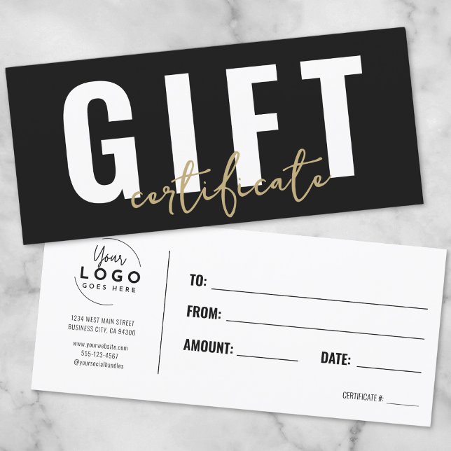Certificado de regalo comercial con logotipo Black (Logo Black Gold Script Business Gift Certificate)