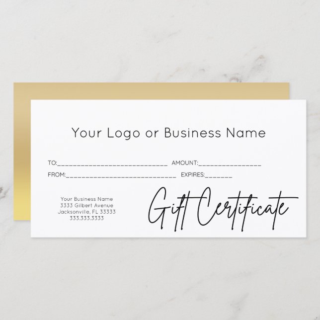 Certificado de regalo comercial del logotipo Gold  (Anverso / Reverso)
