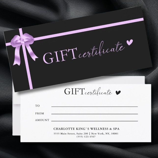 Certificado de regalo comercial específico del cli (Customer specific, Luxury, Elegant, Ribbon, Salon, Black Business Gift Certificate.)