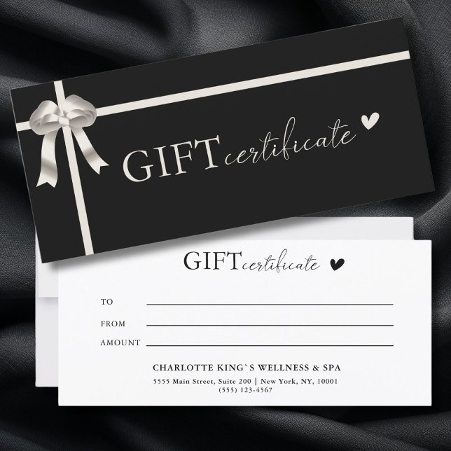 Certificado de regalo comercial específico del cli (Customer specific, Luxury, Elegant, Ribbon, Salon, Black Business Gift Certificate.)