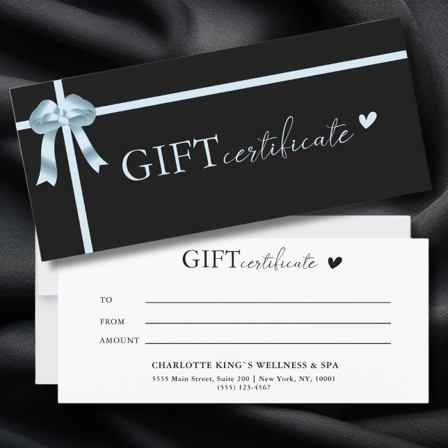Certificado de regalo comercial específico del cli (Customer specific, Luxury, Elegant, Ribbon, Salon, Black Business Gift Certificate.)