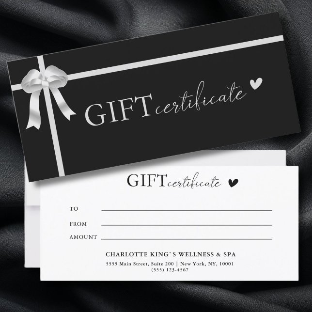 Certificado de regalo comercial específico del cli (Customer specific, Luxury, Elegant, Ribbon, Salon, Black Business Gift Certificate.)
