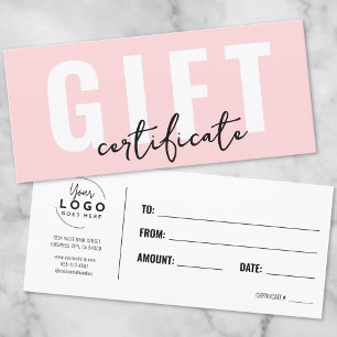 Certificado de regalo comercial mínimo rosado con 