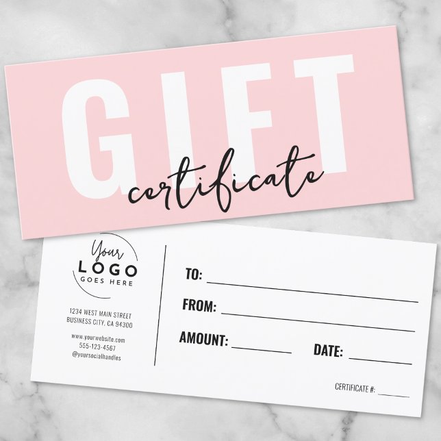 Certificado de regalo comercial mínimo rosado con  (Logo Pink Minimal Business Gift Certificate)