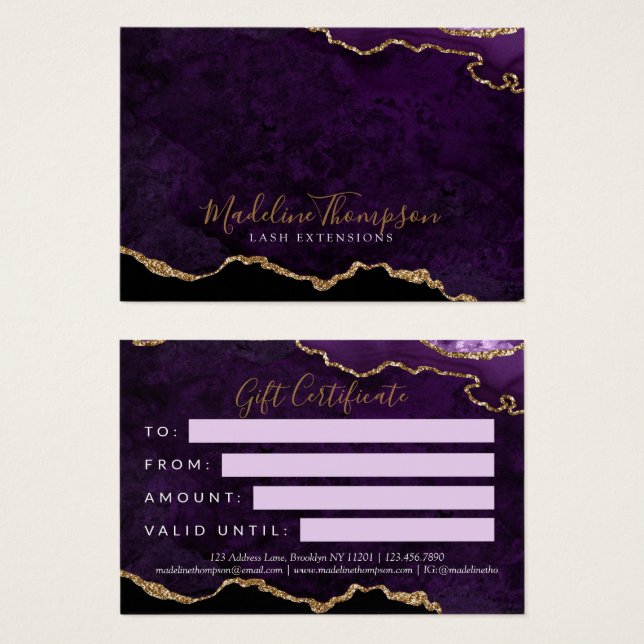 Certificado de Regalo Comercial Purple Gold Agate (Anverso y reverso)