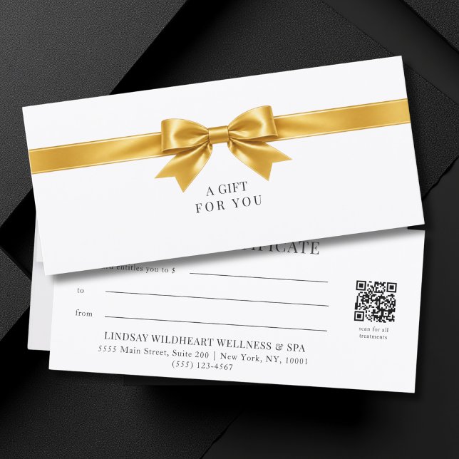 Certificado de regalo con código QR de lazo blanco (Elegant White Gold Bow QR Code Gift Certificate)