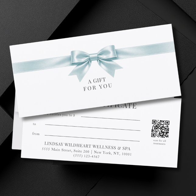 Certificado de regalo con código QR de lazo blanco (Elegant White Blue Bow QR Code Gift Certificate)