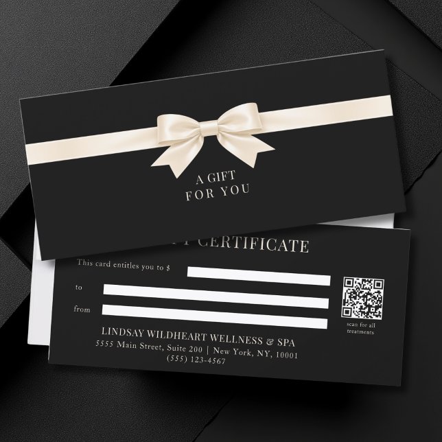 Certificado de regalo con código QR de lazo negro  (Elegant Black Bow QR Code Gift Certificate)