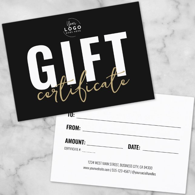 Certificado de regalo de Black Faux Gold Script Bu (Black Faux Gold Script Business Gift Certificate)