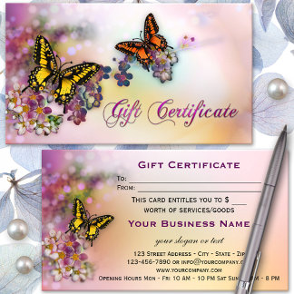 Certificado de regalo de boutique de mariposas art