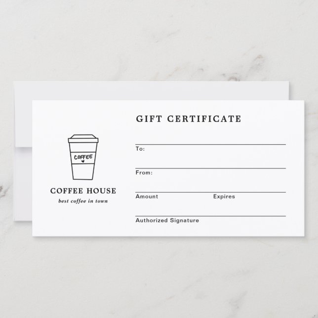 Certificado de regalo de cafetería en negro y blan (Anverso)