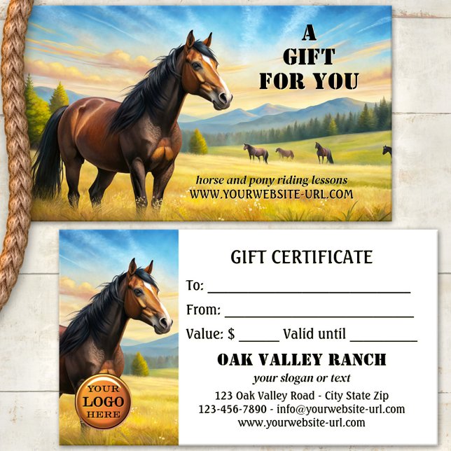 Certificado de regalo de clases de equitación de c (Artistic gift certificate featuring horses in a watercolor landscape - horse and pony riding lessons)