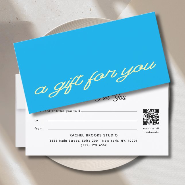 Certificado de regalo de código QR azul de escritu (Modern Script Blue QR Code Gift Certificate)