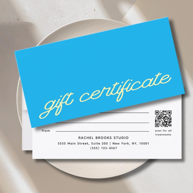 Certificado de regalo de código QR azul de escritu (Modern Script Blue QR Code Gift Certificate)