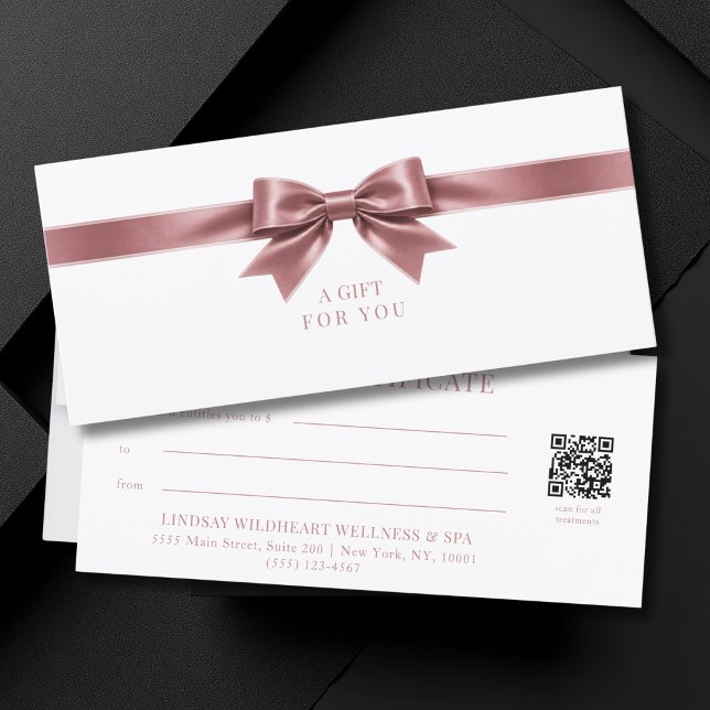 Certificado de regalo de código QR con lazo blanco (Elegant White Dusty Rose Bow QR Code Gift Certificate)