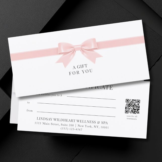 Certificado de regalo de código QR con lazo blanco (Elegant White Light Pink Bow QR Code Gift Certificate)