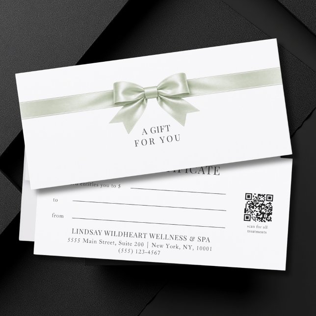Certificado de regalo de código QR con lazo blanco (Elegant White Light Green Bow QR Code Gift Certificate)