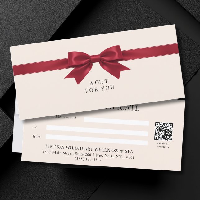 Certificado de regalo de código QR con lazo rojo b (Elegant Beige Red Bow QR Code Gift Certificate)