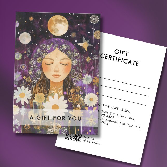 Certificado de regalo de código QR de Cosmic Girl  (Cosmic Girl Boho Moon QR Code Salon Gift Certificate Purple & Gold)