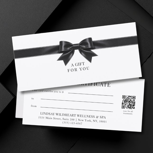 Certificado de regalo de código QR de lazo blanco  (Elegant White Black  Bow QR Code Gift Certificate)