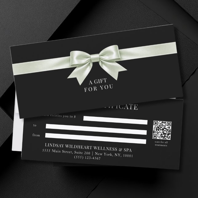 Certificado de regalo de código QR de lazo negro e (Elegant Black Green Bow QR Code Gift Certificate)