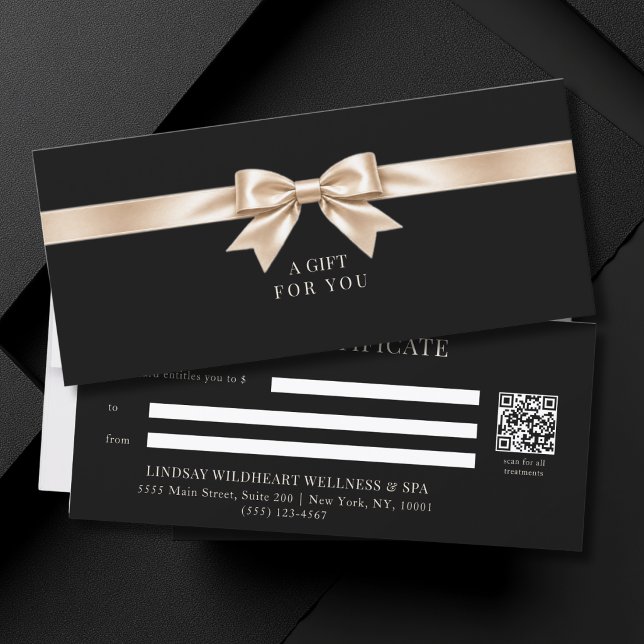 Certificado de regalo de código QR de lazo negro e (Elegant Black Champagner Bow QR Code Gift Certificate)