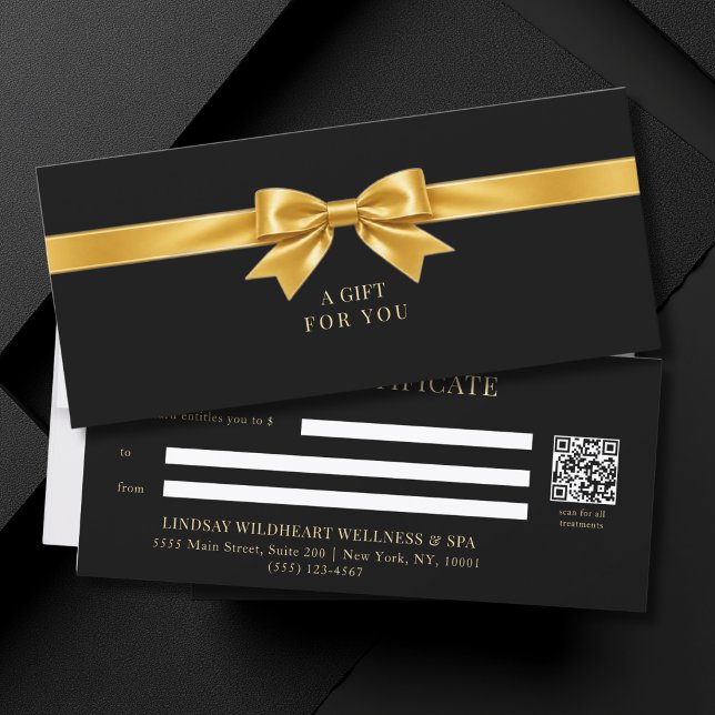 Certificado de regalo de código QR de lazo negro e (Elegant Black Gold Bow QR Code Gift Certificate)