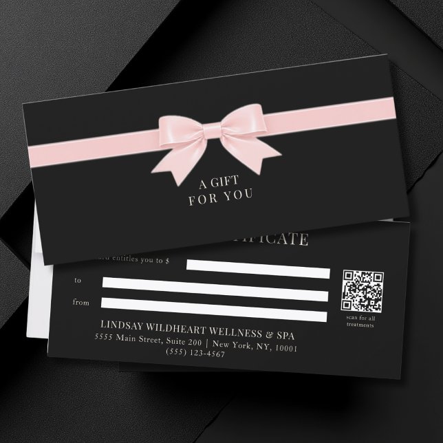 Certificado de regalo de código QR de lazo negro e (Elegant Black Light Pink Beige Bow QR Code Gift Certificate)