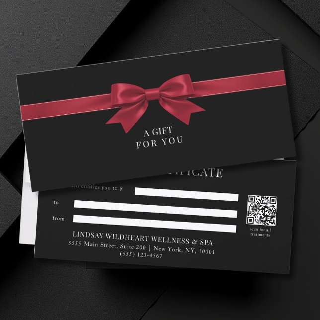 Certificado de regalo de código QR de lazo negro e (Elegant Black Red Bow QR Code Gift Certificate)