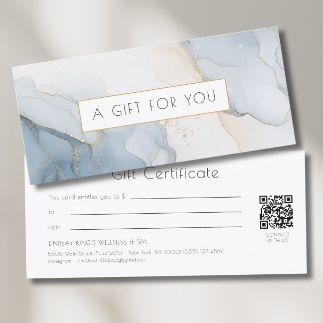 Certificado de regalo de código QR de mármol azul  (Luxury Blue Gold Marble QR Code Gift Certificate)