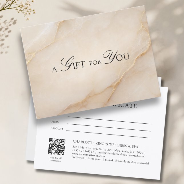 Certificado de regalo de código QR de mármol beige (A Gift for You! Beige Gold Marble QR Code)