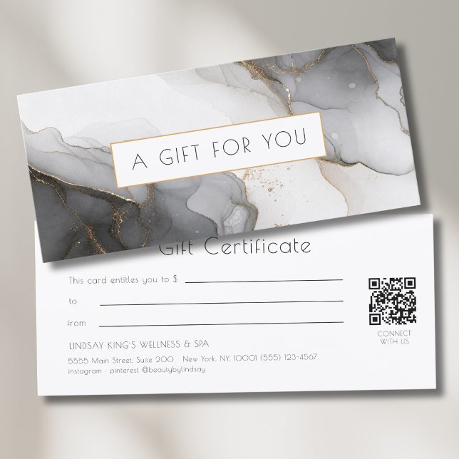 Certificado de regalo de código QR de mármol de or (Luxury Black Gold Marble QR Code Gift Certificate)