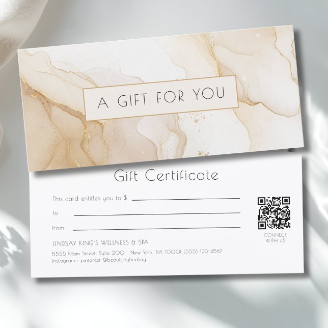 Certificado de regalo de código QR de mármol dorad (Luxury Beige Gold Marble QR Code Gift Certificate)