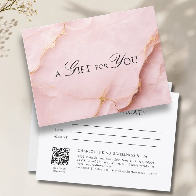 Certificado de regalo de código QR de mármol rosa  (A Gift for You! Blush Pink Gold Marble QR Code Gift Certificate)