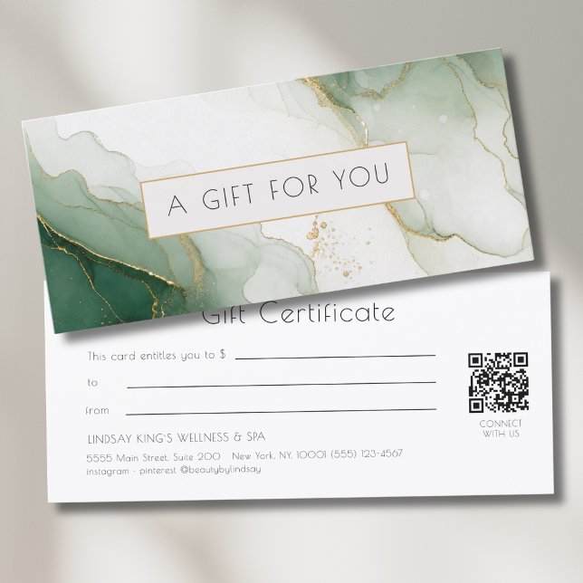 Certificado de regalo de código QR de mármol verde (Luxury Green Gold Marble QR Code Gift Certificate)