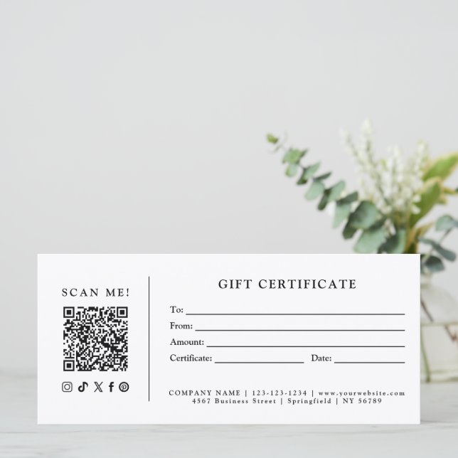 Certificado de regalo de código QR de negocio simp (Anverso de pie)