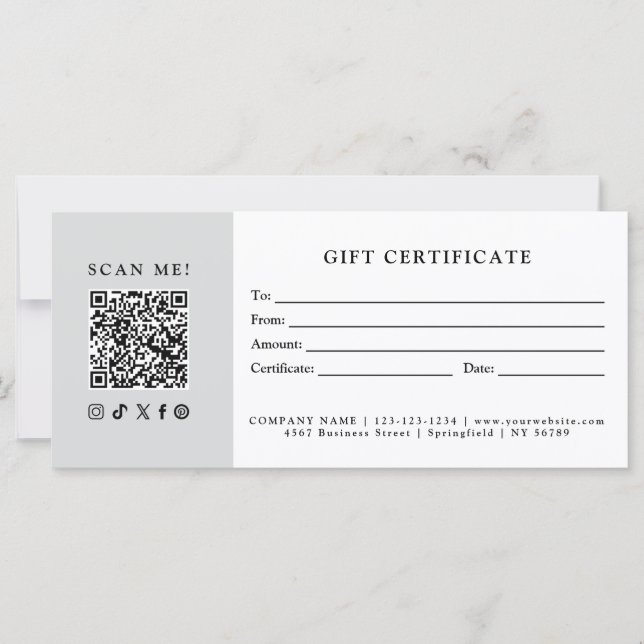 Certificado de regalo de código QR de negocio simp (Anverso)