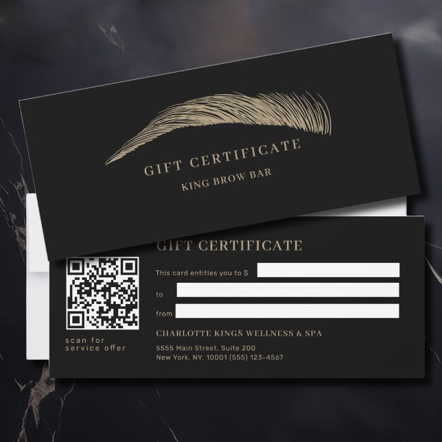 Certificado de regalo de código QR de salón de cej (Minimal Elegant Eyebrow Salon Black QR Code Gift Certificate)