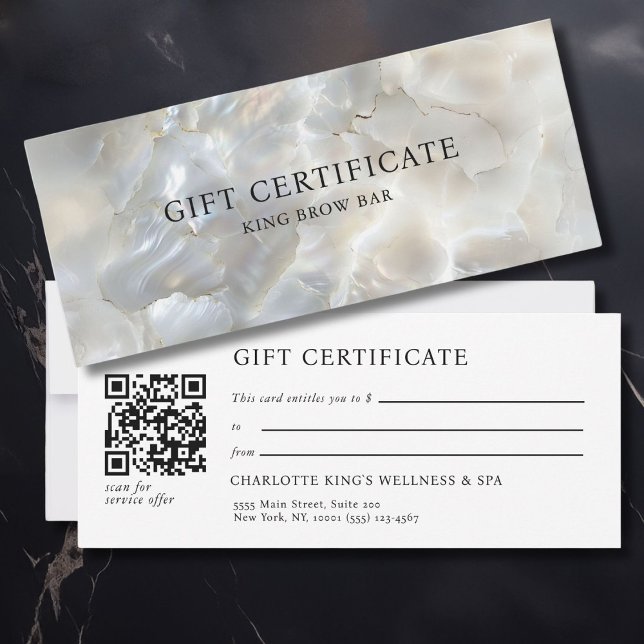 CERTIFICADO DE REGALO DE CÓDIGO QR DE SALÓN DE PLA (MARBEL WHITE-SILVER SALON QR CODE GIFT CERTIFICATE with your name and data.)