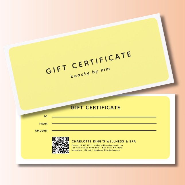 Certificado de regalo de código QR de salón modern (Modern Trendy Salon QR Code Custom Gift Certificate)