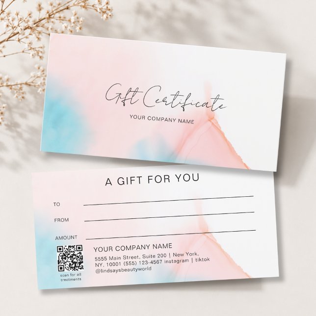 Certificado de regalo de código QR de tinta acuare (Watercolor Ink QR Code Gift Certficate Blue Pink Beige White)