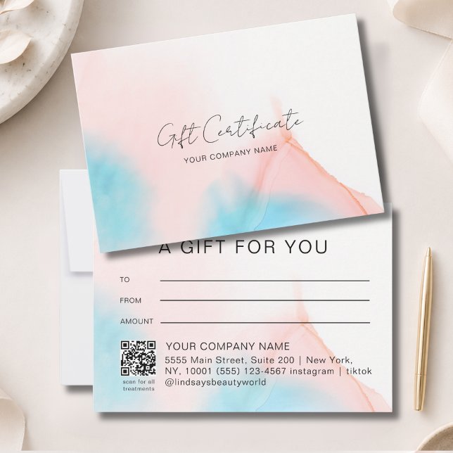 Certificado de regalo de código QR de tinta acuare (Watercolor Ink QR Code Gift Certficate Blue Pink Beige)