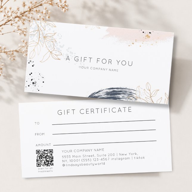 Certificado de regalo de código QR de tinta acuare (Modern Watercolor Ink White QR Code Gift Certficate Blue Blush Gold )